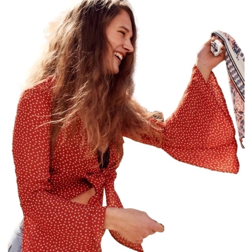 Urban Outfitters Red Star Tie Front Bell Sleeve Top, S - Picture 3 of 9